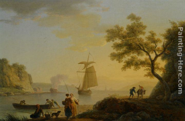 Claude-Joseph Vernet An Extensive Coastal Landscape with Fishermen Unloading their Boats and Figures Conversing in the Foreground